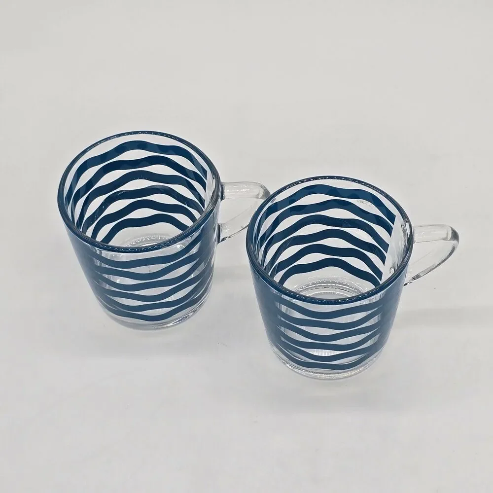 Set of 2 IKEA Glass Mugs 18314 Blue Wave Made in France